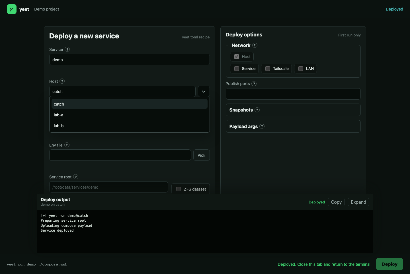 The yeet web deploy form configuring a new service
